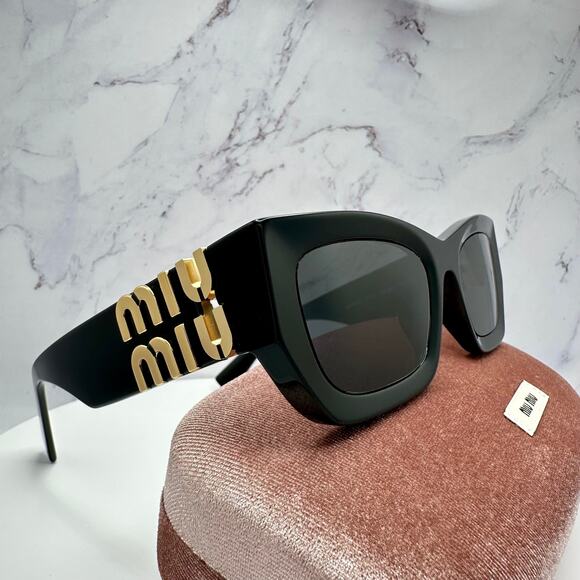 MIU MIU Sunglasses New Black Acetate Gold Metal Logo Square Cat Eye Authentic - Picture 10 of 16